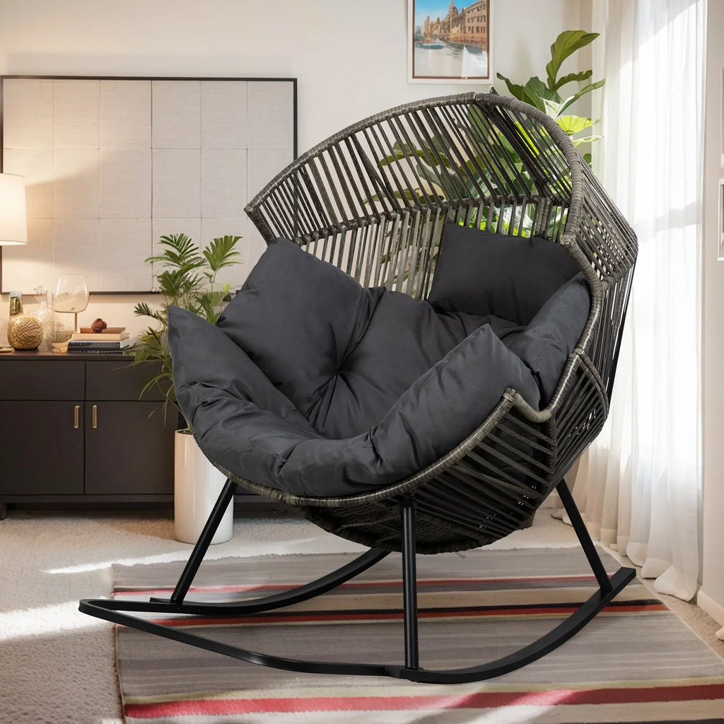 2026 NewWalsunny Egg Chairs Outdoor Patio Wicker Oversized Egg Shell Lounger Lawn Chair with Cushion for Indoor Outside Porch Balcony Backyard, Original Wood Color Rattan Beige Cushion