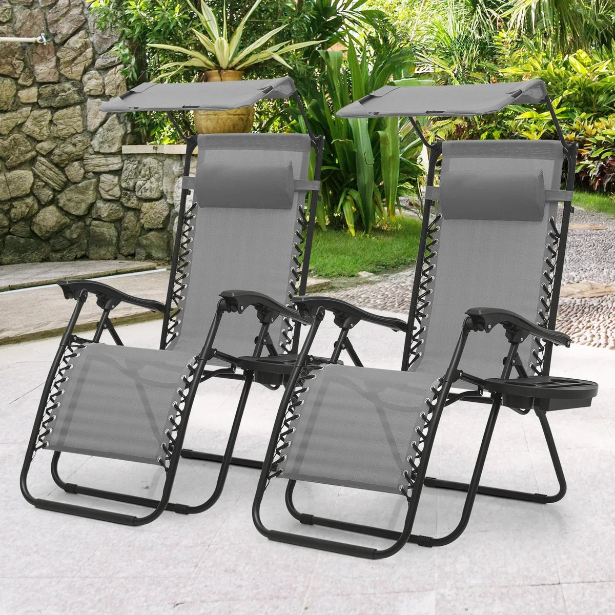 2026 NewMoNiBloom Zero Gravity Chairs Set of 2, Folding Outdoor Patio Beach Recliner with Canopy Shade & Headrest, Black