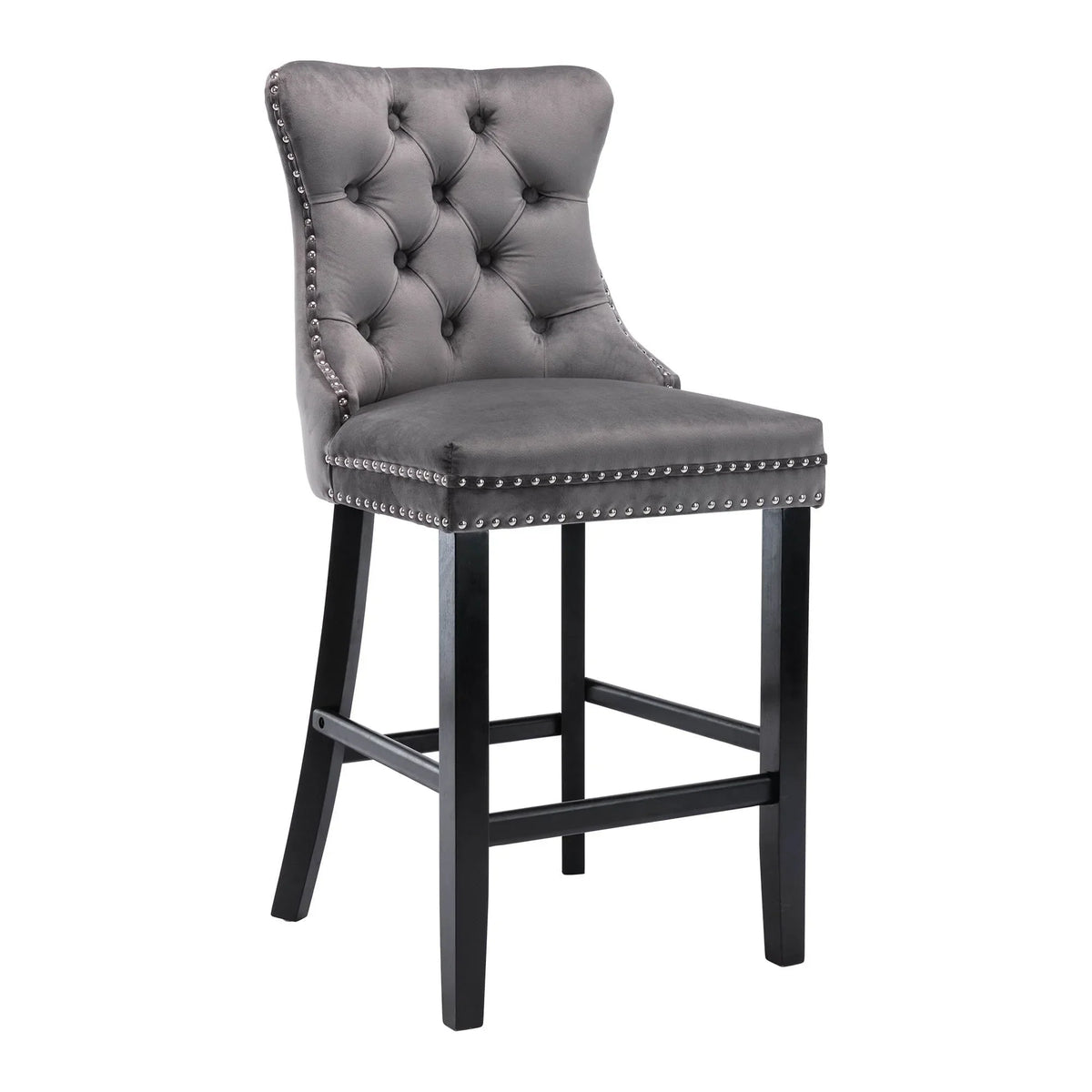 2026 NewVelvet Bar Stools Set of 2, Upholstered Counter Height Bar Chair with Rivet and Button Trim, Bar Stool with Back and Footrest, for Dining Room, Kitchen, Pub, Gray