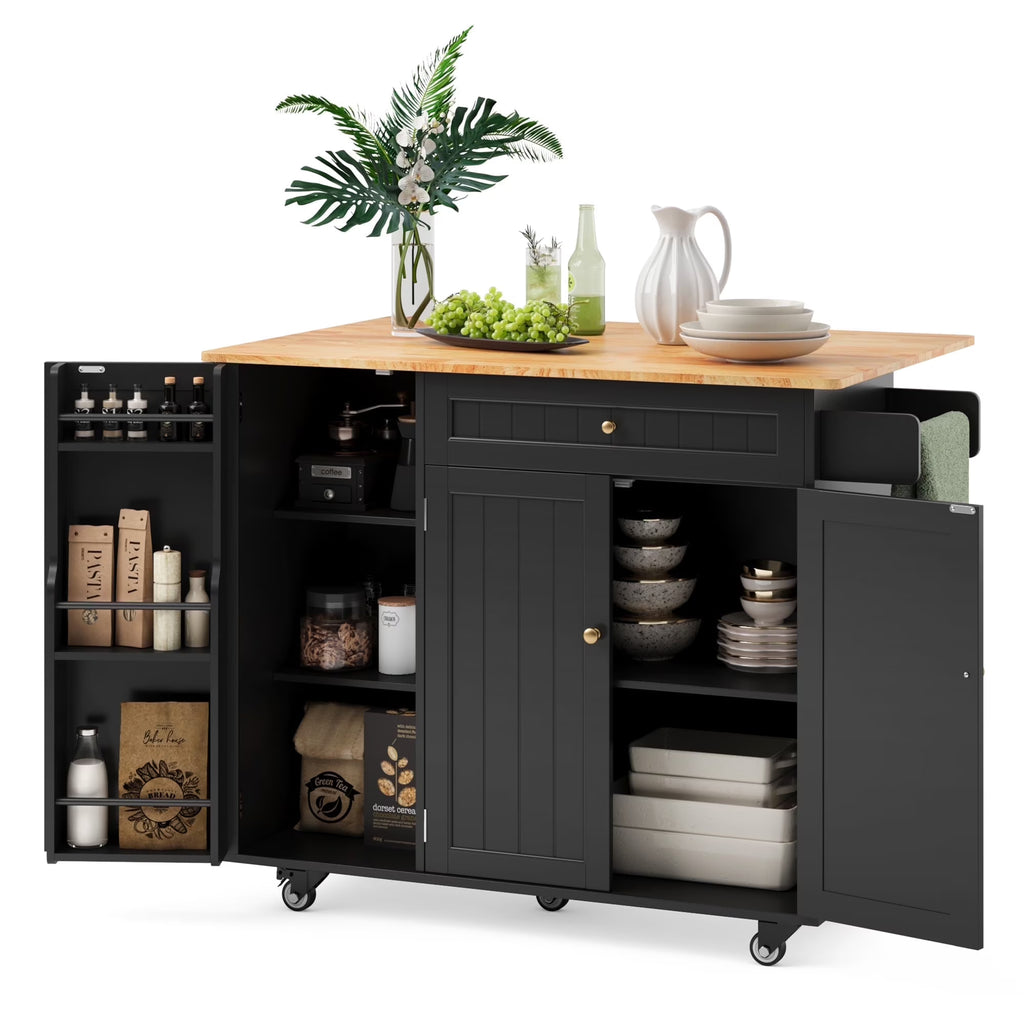 2026 NewNoelse Kitchen Island with Storage, Island Table for Kitchen with Drop Leaf, Spice Rack, Towel Bar for Small Kitchens, White