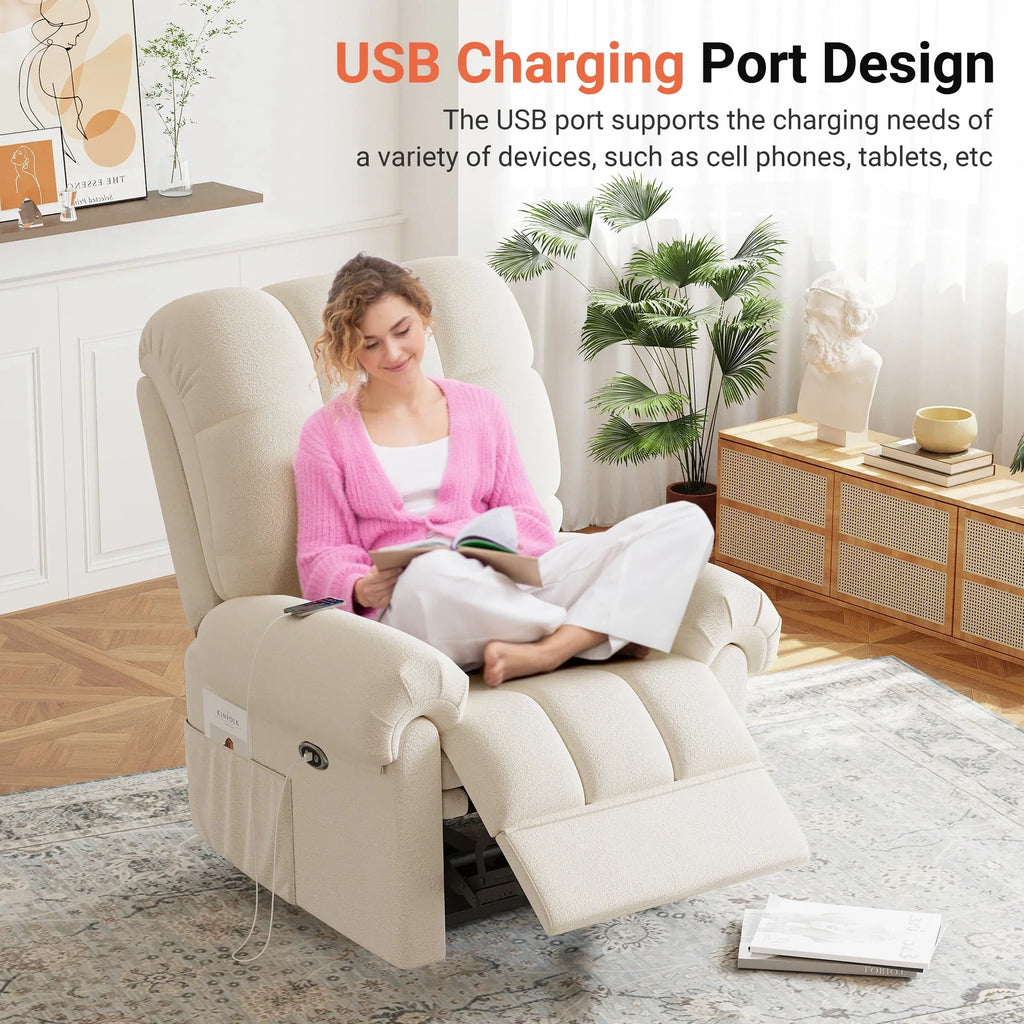 2026 NewPower Recliner Chair,Electric Recline Sofa Chair for Adults with USB Port,Comfy Teddy Fleece Adjustable Cloud Sofa,Tool-Free Setup,Beige White