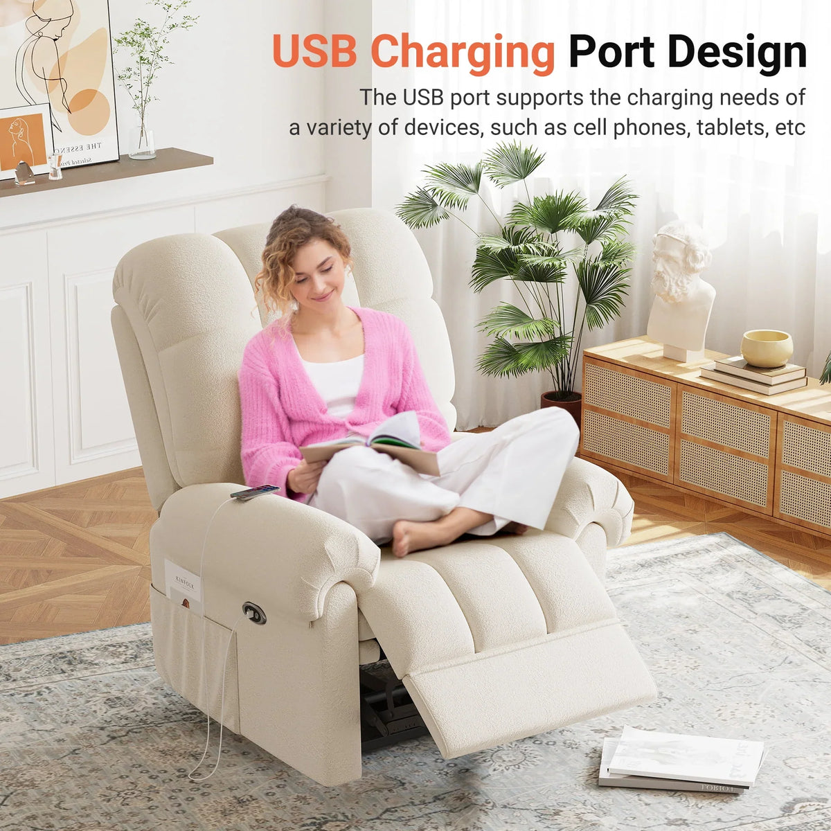 2026 NewPower Recliner Chair,Electric Recline Sofa Chair for Adults with USB Port,Comfy Teddy Fleece Adjustable Cloud Sofa,Tool-Free Setup,Beige White