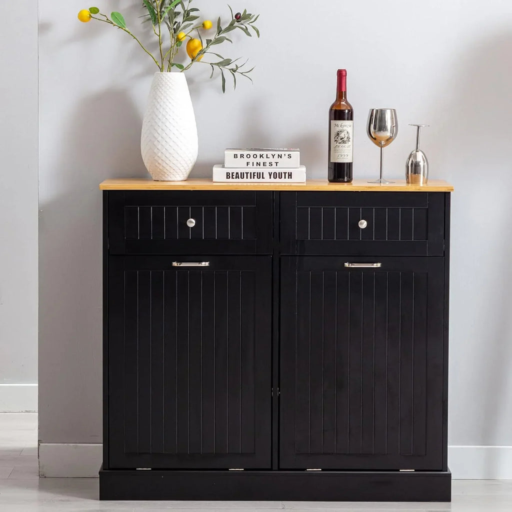 2026 NewHlivelood Double Trash Cabinet Tilt Out 20 Gallon, Pet Proof Kitchen Trash Cabinet Laundry Hamper with Cutting Board, Wood Garbage Recycling Station Hideaway Trash Holder Drawers