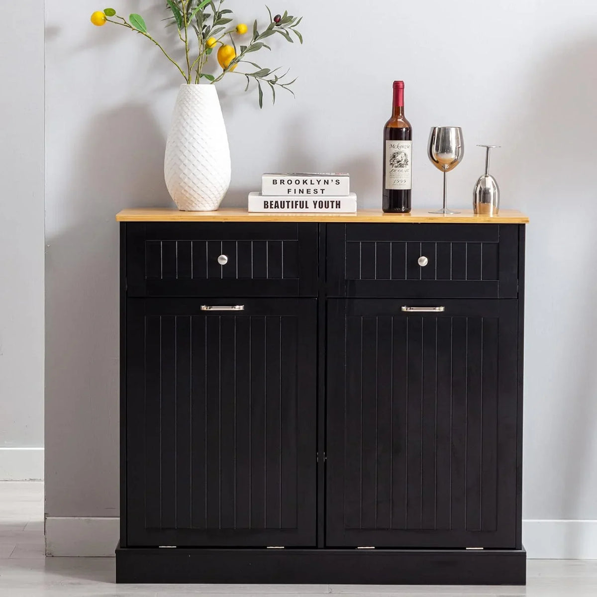 2026 NewHlivelood Double Trash Cabinet Tilt Out 20 Gallon, Pet Proof Kitchen Trash Cabinet Laundry Hamper with Cutting Board, Wood Garbage Recycling Station Hideaway Trash Holder Drawers