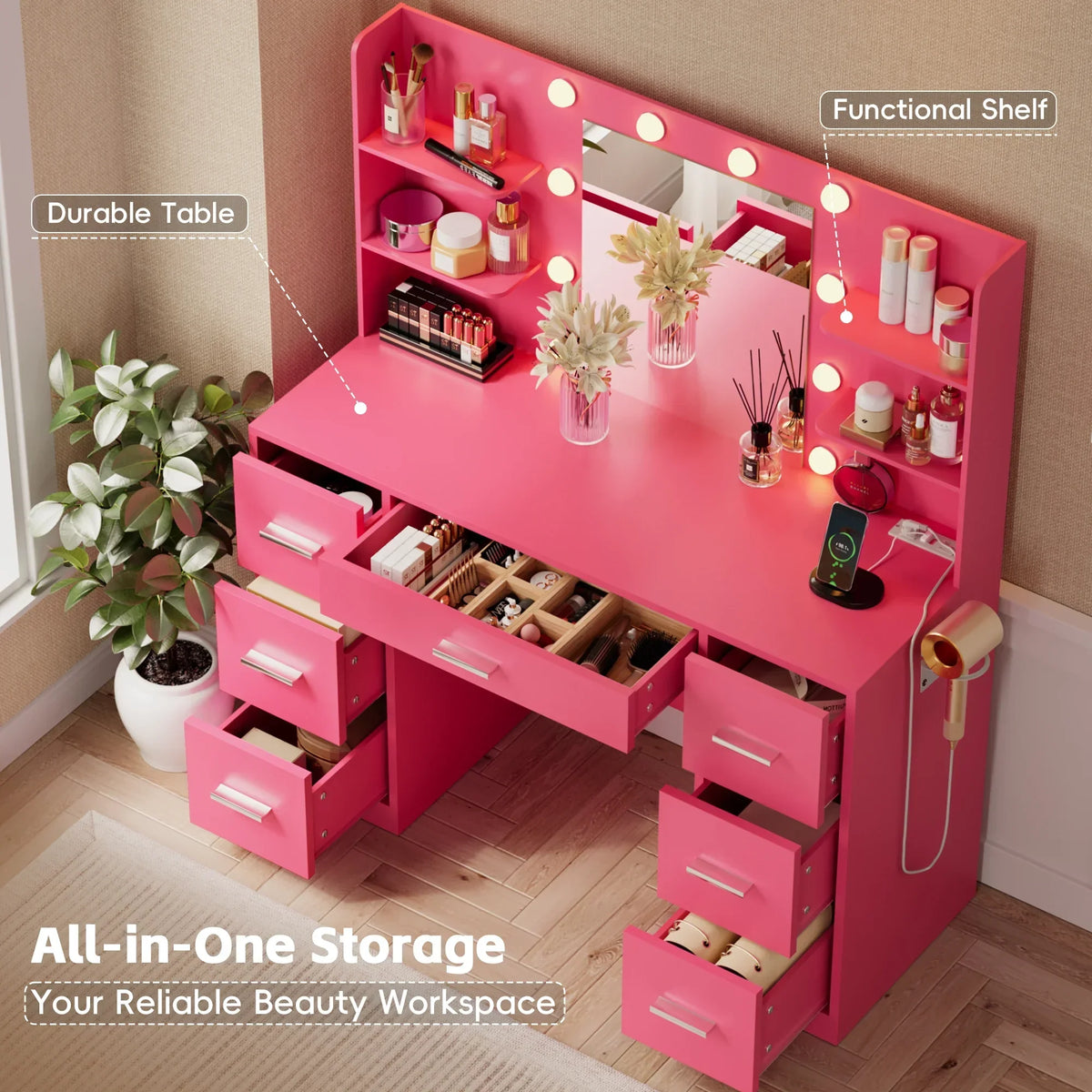 2026 NewLacoo Vanity Desk with Mirror and LED Lights, Makeup Vanity with 7 Drawers & 4 Shelves, Vanity Table with Power Outlet for Bedroom Dressing Room, White