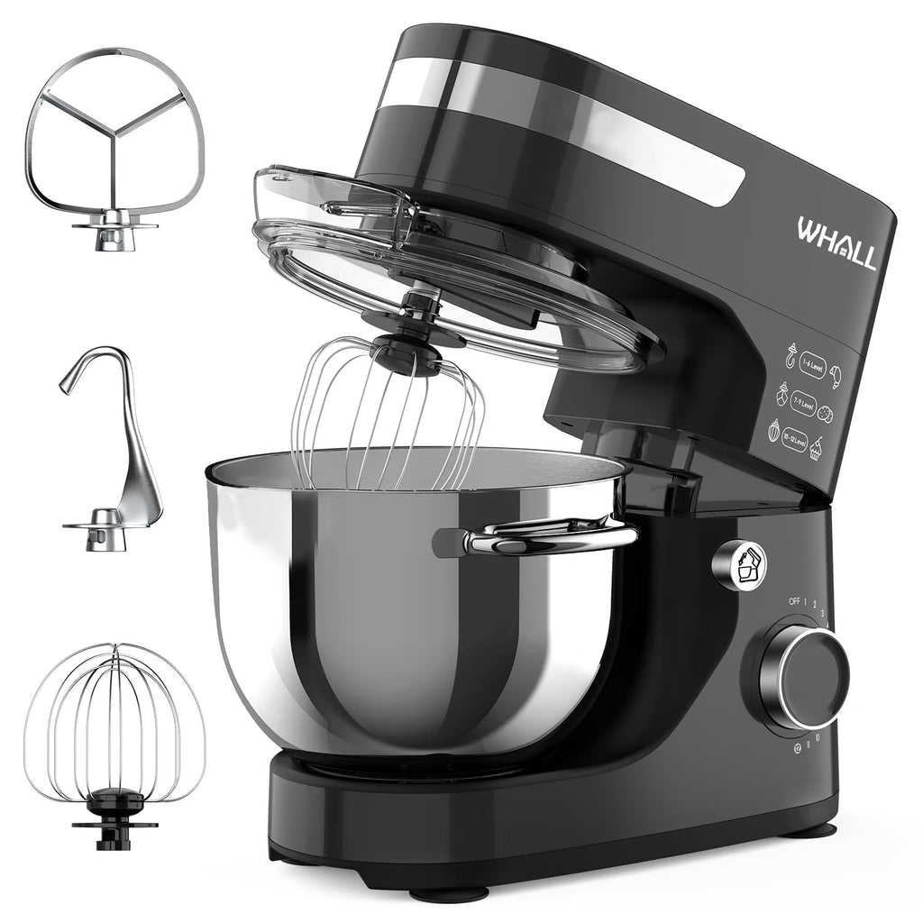 2026 NewWHALL Stand Mixer - 5.5Qt 12-Speed Tilt-Head Electric Kitchen Mixer with Dough Hook/Wire Whip/Beater, Stainless Steel Bowl (Black) New