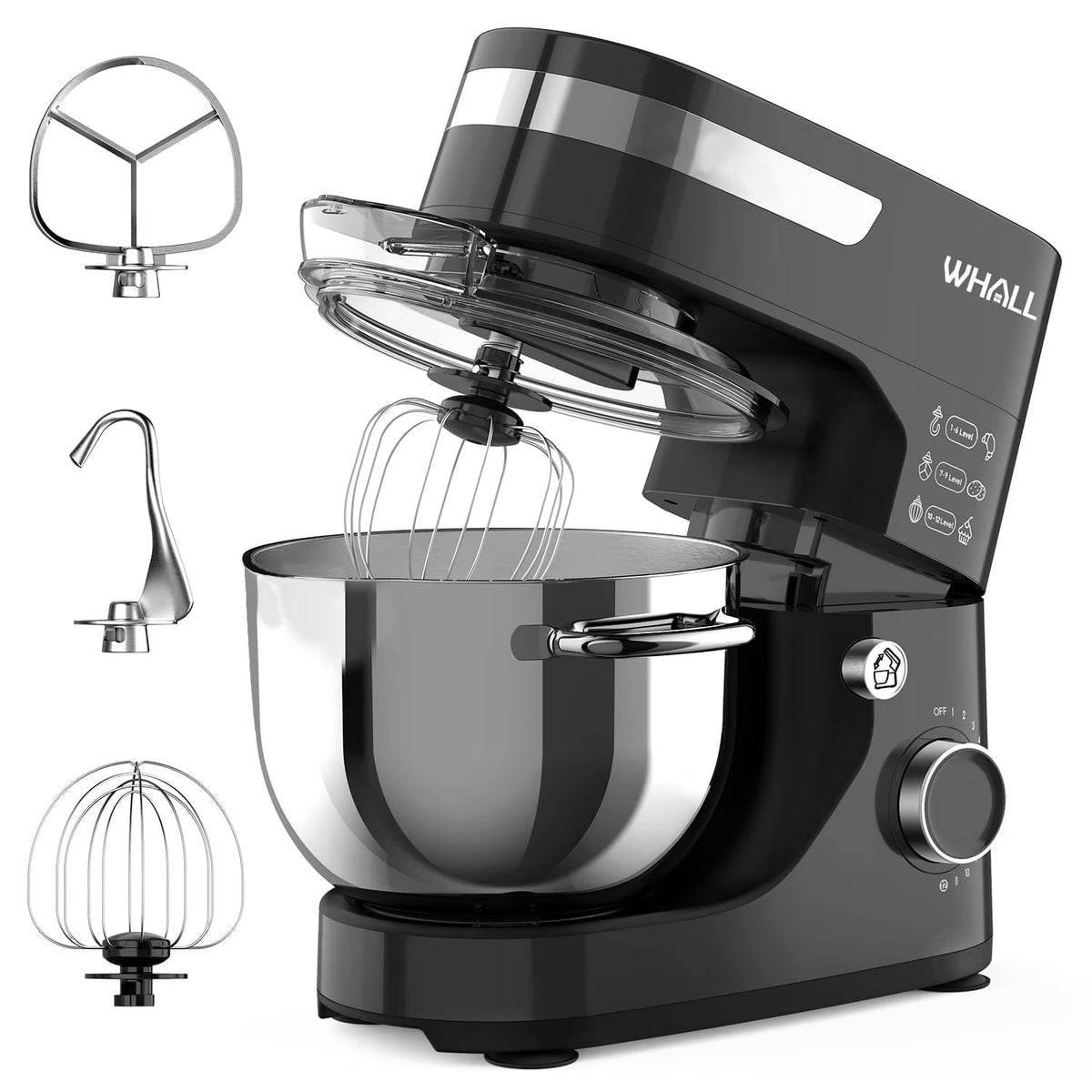 2026 NewWHALL Stand Mixer - 5.5Qt 12-Speed Tilt-Head Electric Kitchen Mixer with Dough Hook/Wire Whip/Beater, Stainless Steel Bowl (Black) New
