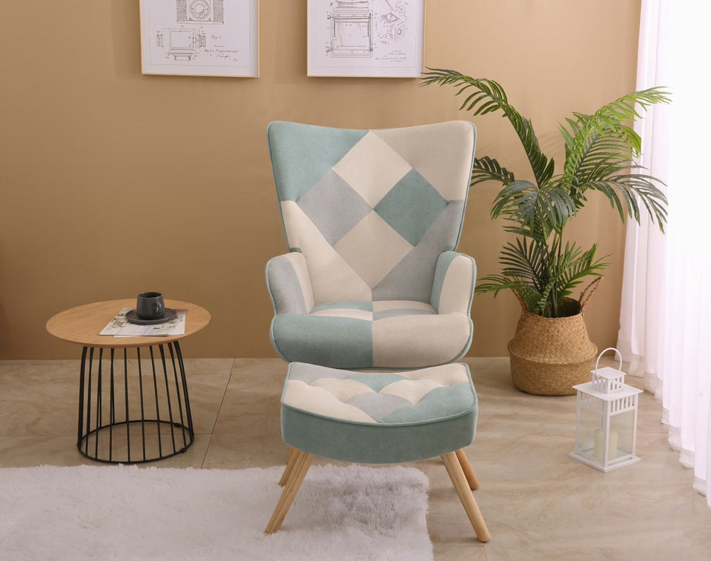 2026 NewModern Accent Chair with Solid Wood Legs and High Wing Backrest, Side Chair Set with Ottoman, Comfy Side Armchair for Living Room, Reading Room, Bedroom, Colorful Patchwork