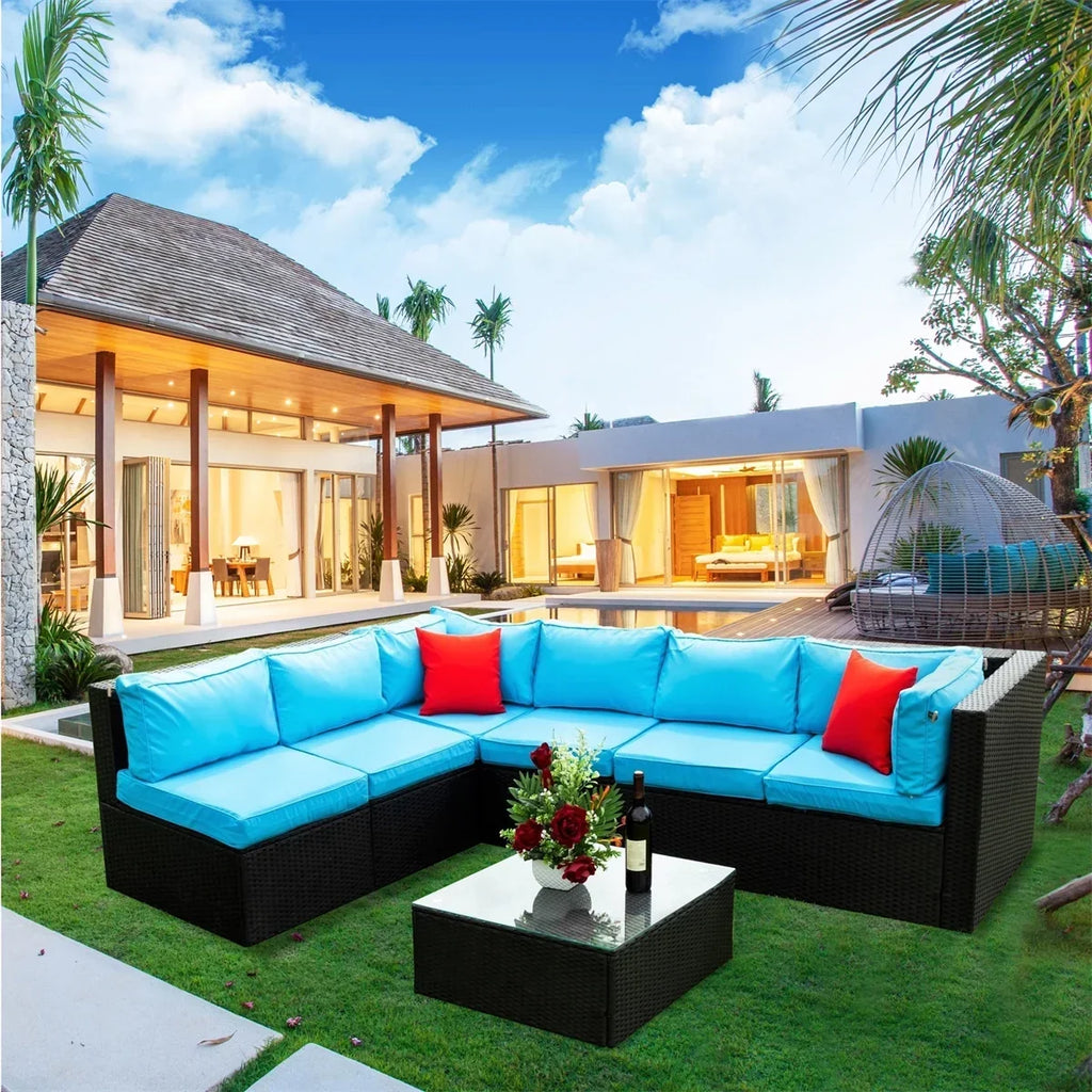 2026 New7 Piece Patio Furniture Sets Outdoor Sectional PE Rattan Outdoor Furniture Patio Conversation Set with Cushions and Glass Coffee Table, for Balcony Lawn and Garden, Gray