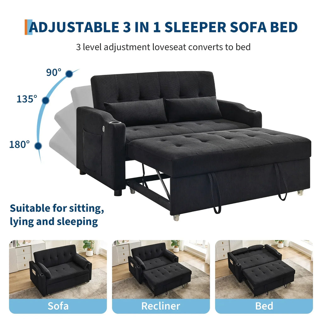 2026 New3 in 1 Convertible Sleeper Sofa Bed, Corduroy Futon Couches with Pull-Out Bed, Adjustable Backrest, Charging Port & Side Pockets, Modern Upholstered Sofa for Living Room, Guest Room