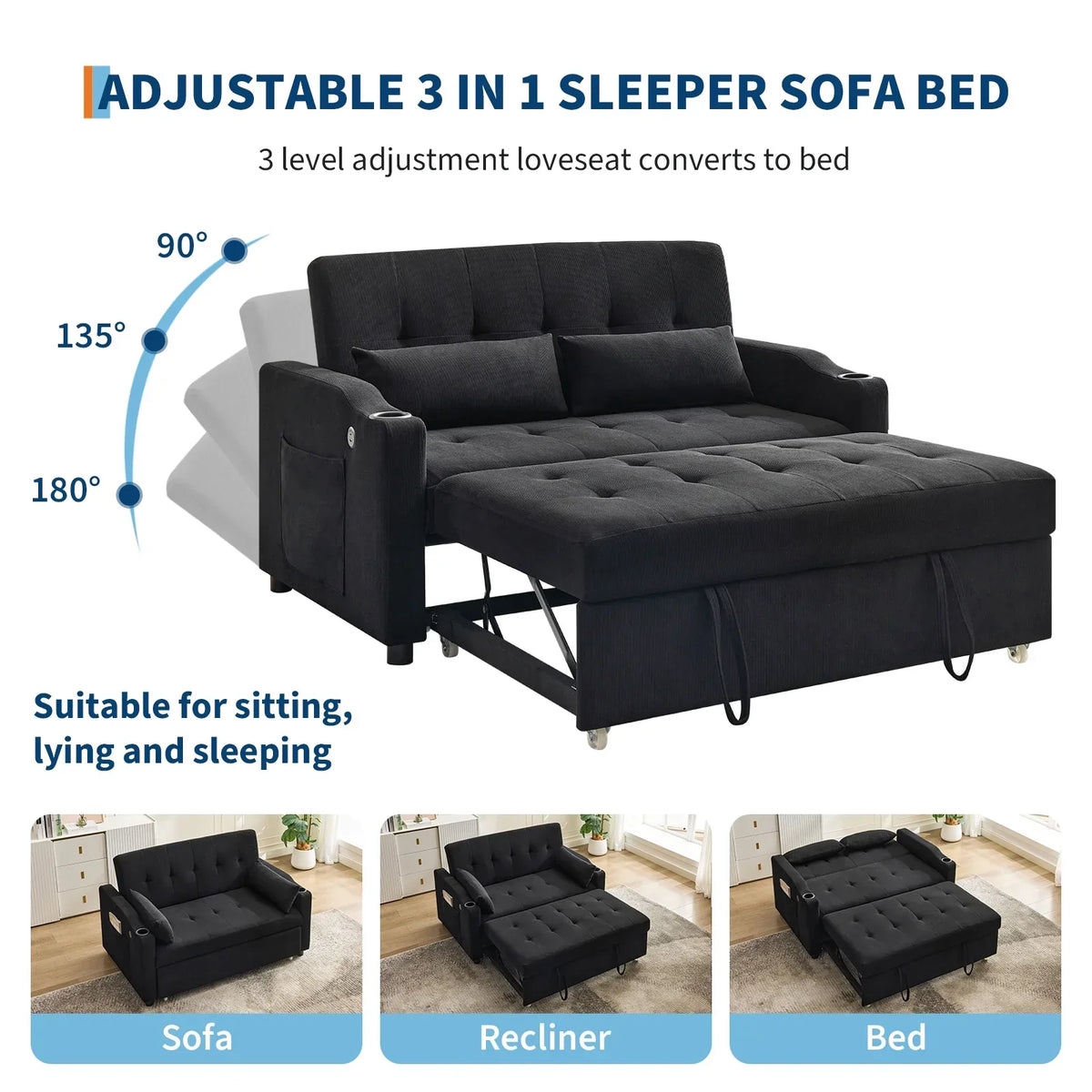 2026 New3 in 1 Convertible Sleeper Sofa Bed, Corduroy Futon Couches with Pull-Out Bed, Adjustable Backrest, Charging Port & Side Pockets, Modern Upholstered Sofa for Living Room, Guest Room