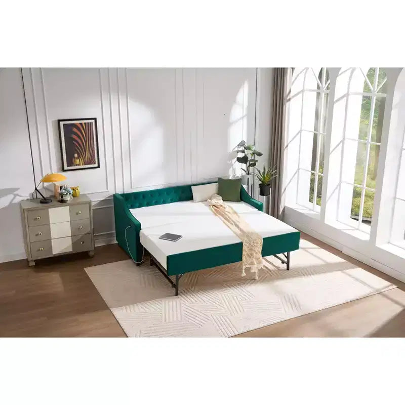 2026 Cama sofá Twin con cama nido, tapizada en terciopelo, puerto USB y bolsillos laterales - ModernLuxe