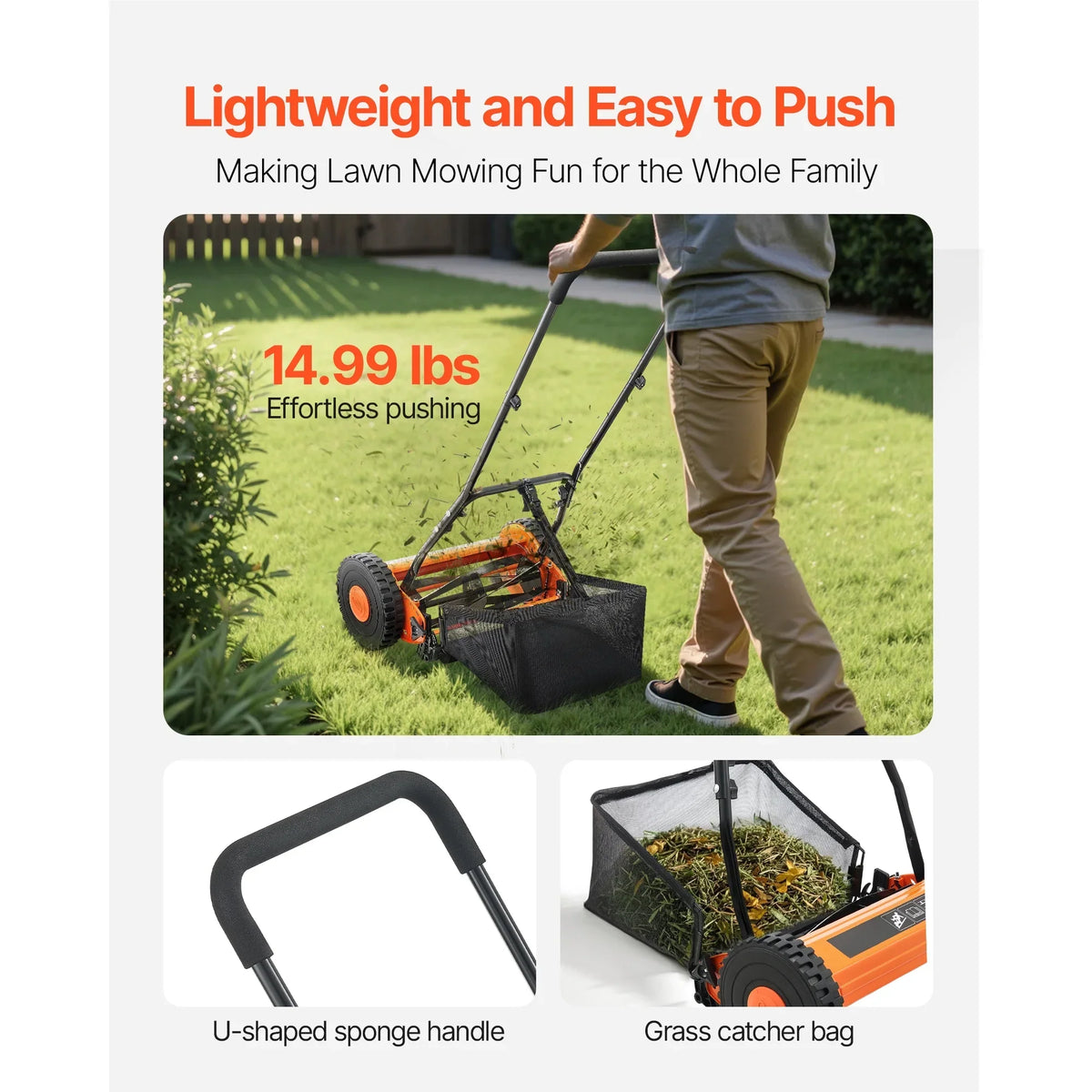 2026 NewKFFKFF 16-Inch Manual Push Reel Lawn Mower, 5-Blade Design, Adjustable Cutting Height from 0.6 to 1.75 Inches, Walk-Behind Mower with Grass Collection Bag for Lawns, Driveways, and Courtyards