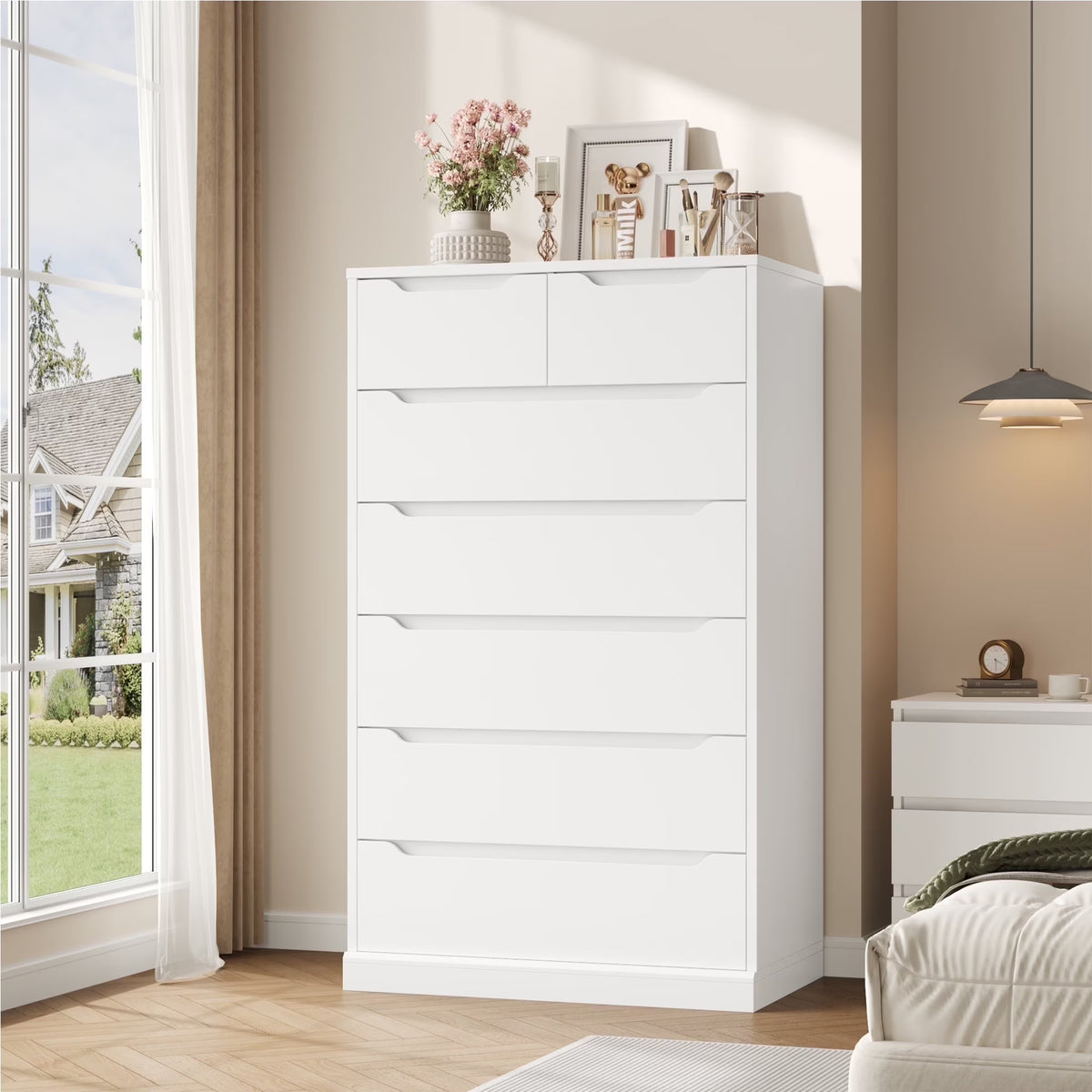 2026 NewHomfa 7 Drawer White Dresser, 51.3"H Wood Storage Cabinet with Upgraded Stable Base, Vertical Chest for Bedroom Living Room