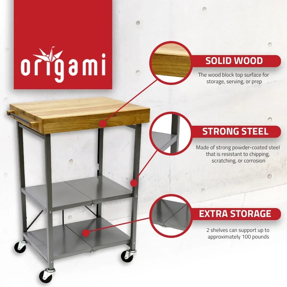 2026 NewOrigami Foldable Wheeled Portable Solid Wood Top Kitchen Island Bar Cart