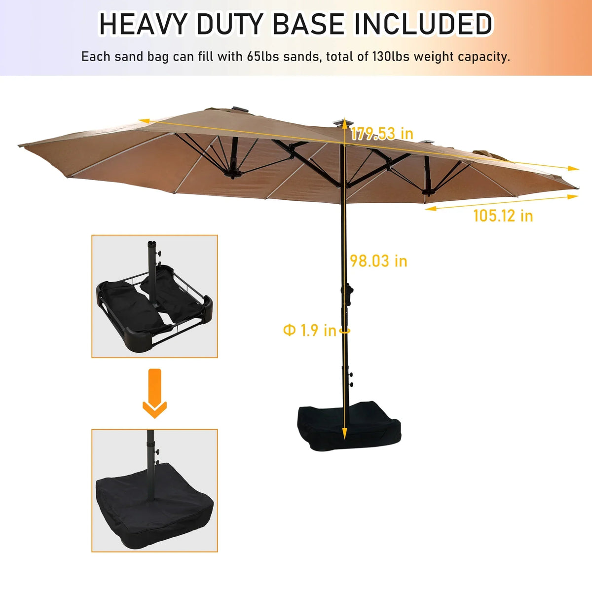 2026 NewMondawe 15ft Patio Umbrella, Large Double-Sided Solar LED Outdoor Umbrella with Fiberglass Ribs and Base for Deck Pool, Navy Blue