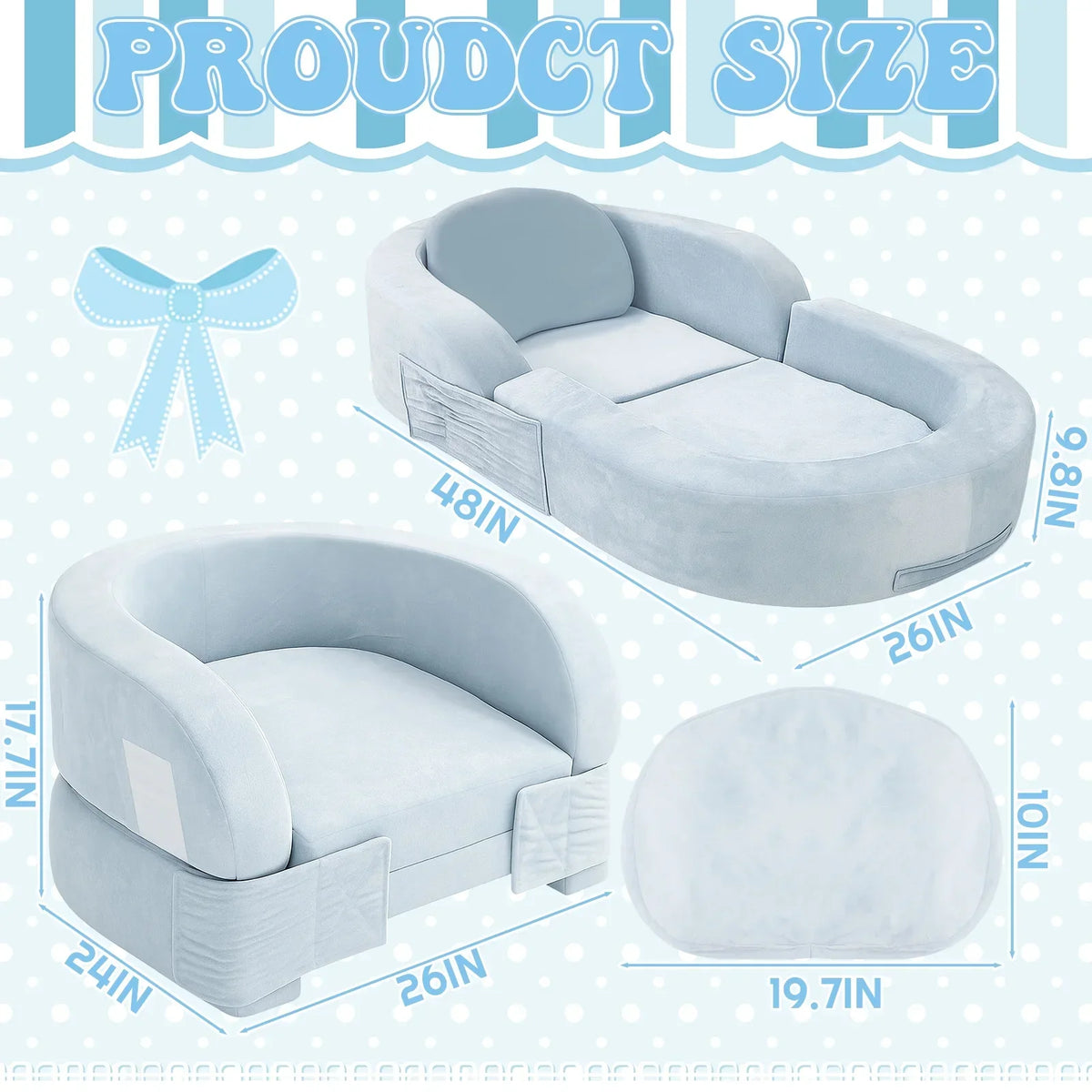 2026 NewCoumy Toddler Travel Bed 2-in-1 Kids Sofa Chair with Removable Cover, Soft Foam Portable Foldable Toddler Bed for Travel with Carrying Bag, Blue