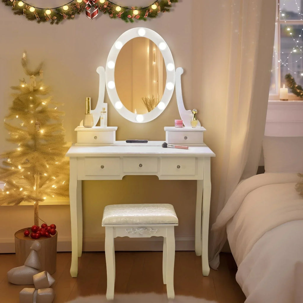 2026 NewKtaxon Vanity Table 10 LED Lights, 5 Drawers Makeup Dressing Desk with Cushioned Stool Set,Bedroom Vanities Set White
