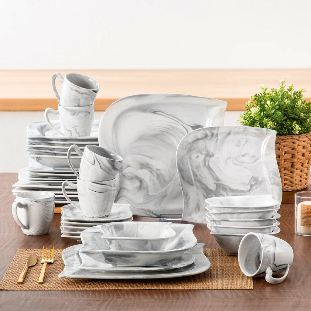 2026 Newvancasso 36 pcs Dinnerware Sets, Plates and Bowls Set for 6, Porcelain Dinner Set, Marble Gray