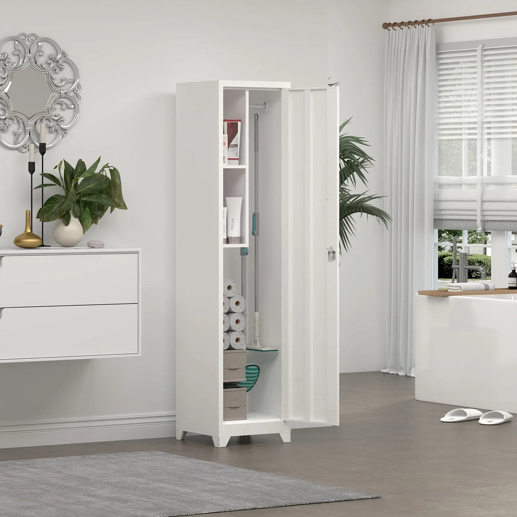 2026 NewMarcree Slim Broom Storage Cabinet, Metal Cabinet with Shelves and Hanging Rod, 65" Utility Storage Cabinet with Locking Door, Tall Cleaning Storage Cabinet for Kitchen, Pantry, Office, Shop, Garage