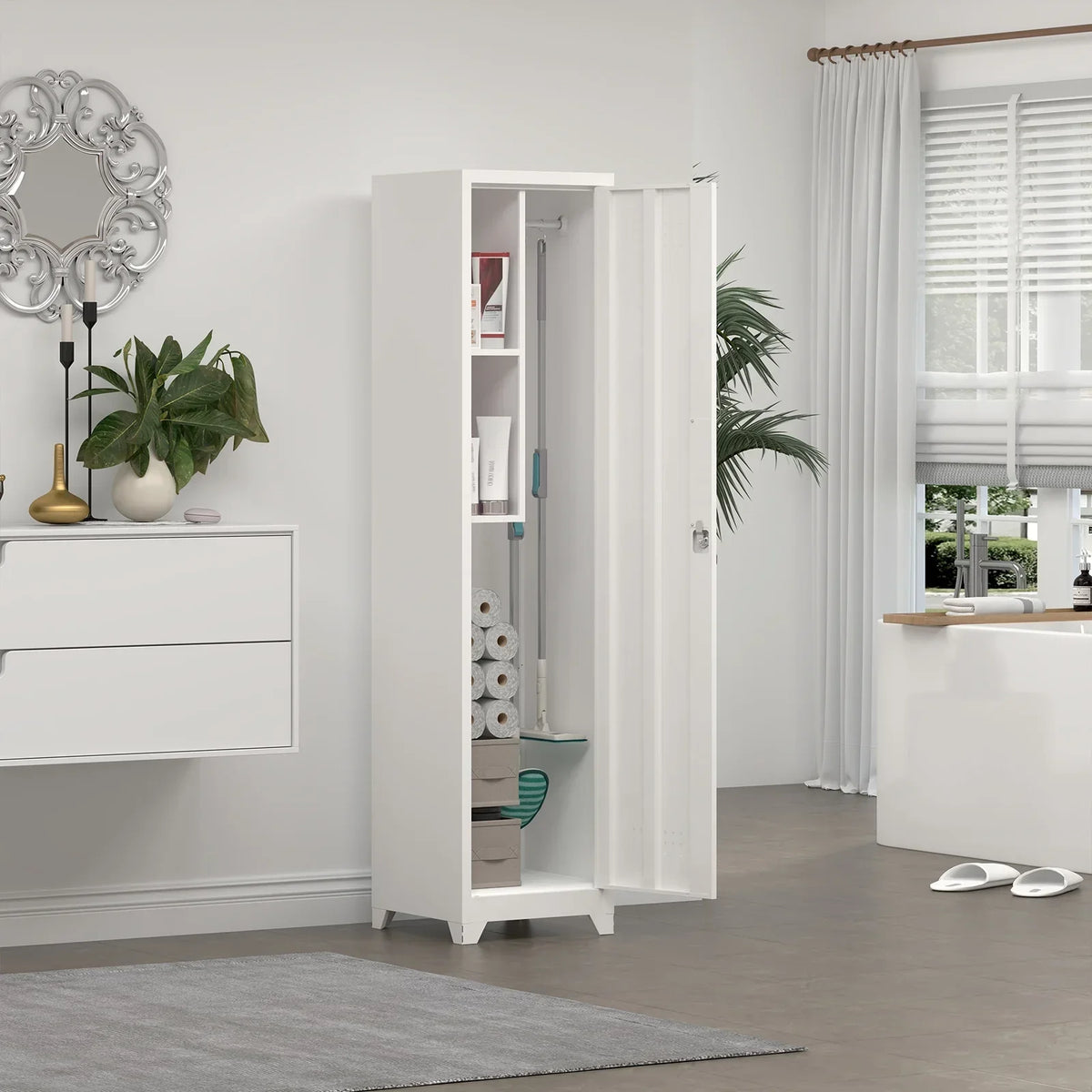 2026 NewMarcree Slim Broom Storage Cabinet, Metal Cabinet with Shelves and Hanging Rod, 65" Utility Storage Cabinet with Locking Door, Tall Cleaning Storage Cabinet for Kitchen, Pantry, Office, Shop, Garage