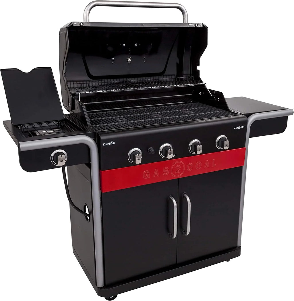 2026 Gas2Coal® Barbacoa híbrida: barbacoa de gas y carbón de tres quemadores, acabado en negro.