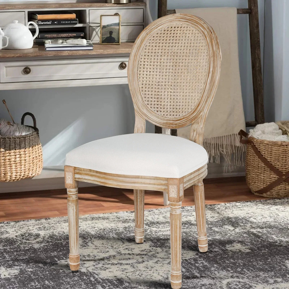 2026 NewFrench Dining Chairs Set of 2 Beige Natural Fabric Round Back with Solid Wood Legs and Frame for Bedroom Dining Room Kitchen