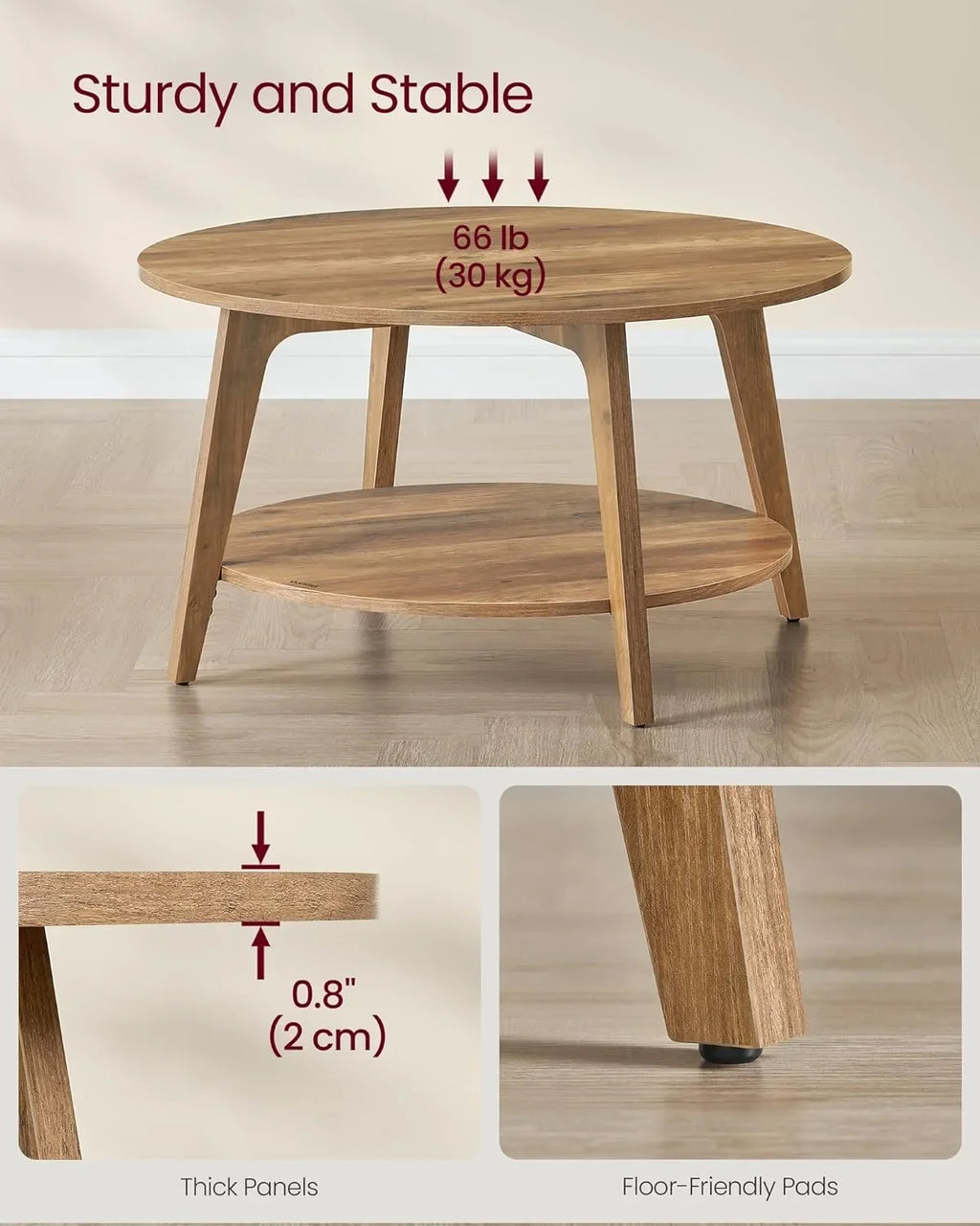 2026 NewVASAGLE Round Coffee Table, 2 Tier Coffee Table with Storage, for Living Room, 31.5 x 17.7 Inches, Easy to Assemble, Honey Brown