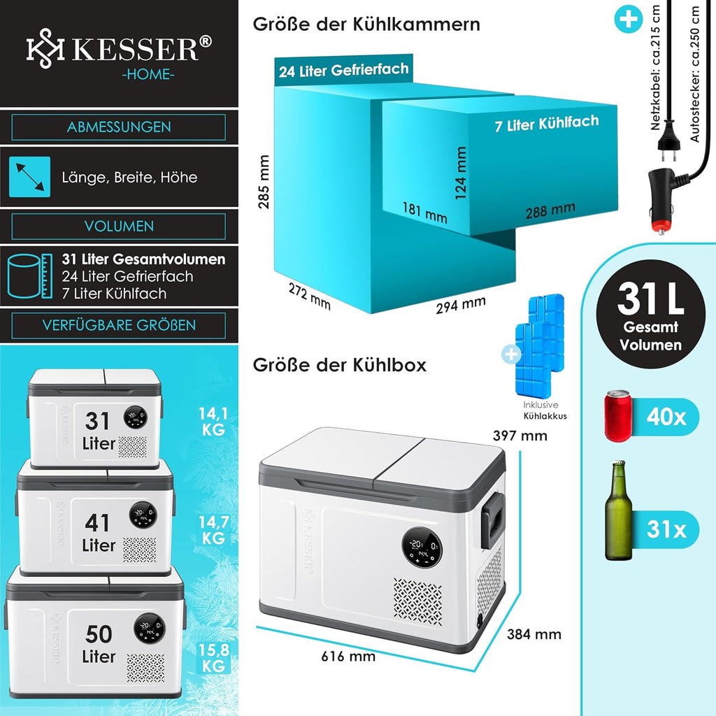 2026 Nevera portátil con compresor KESSER 2 en 1, doble zona de refrigeración y congelación, con 2 acumuladores de frío y control táctil LED | Refrigerador con capacidad de enfriamiento hasta -20 °C para camping, coche y camión, 12/24 V 230 V