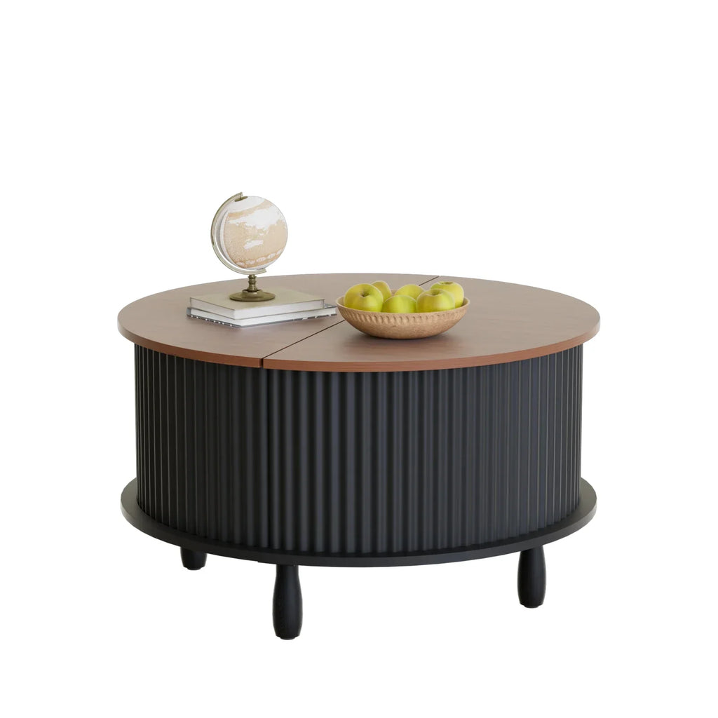 2026 NewRUMLIVE Round Coffee Table with Storage, 30.7" Modern Coffee Table with 360" Curved Sliding Door, Fluted Wood Coffee Table with Footpads, Round Center Table for Living Room, Black