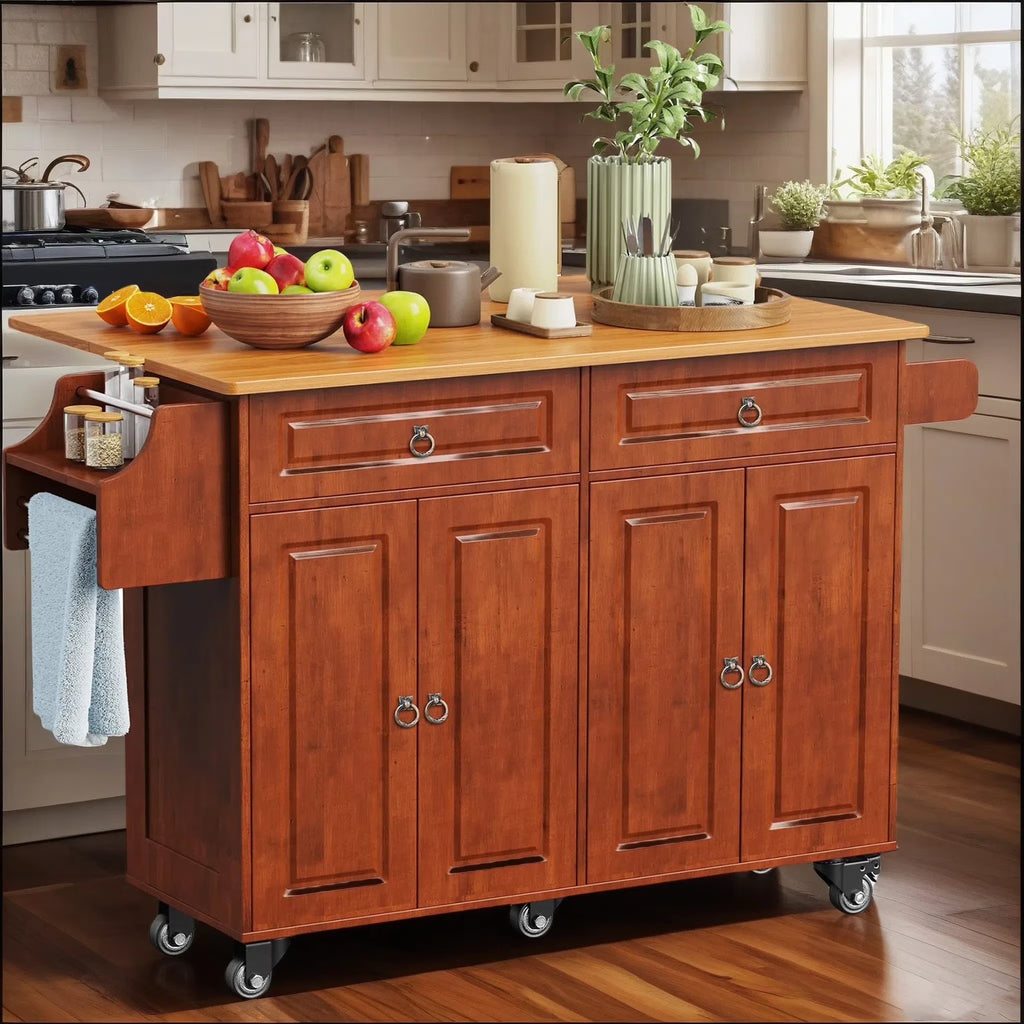 2026 NewLofka 52-Inch Kitchen Island with Storage on Wheels with Wood Drop Leaf, Ideal for Small Kitchens