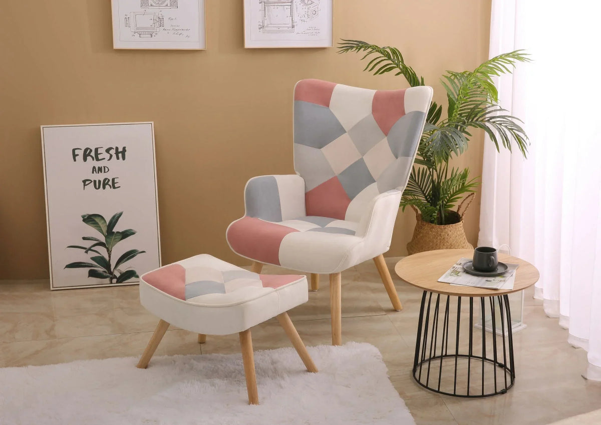 2026 NewModern Accent Chair with Solid Wood Legs and High Wing Backrest, Side Chair Set with Ottoman, Comfy Side Armchair for Living Room, Reading Room, Bedroom, Colorful Patchwork