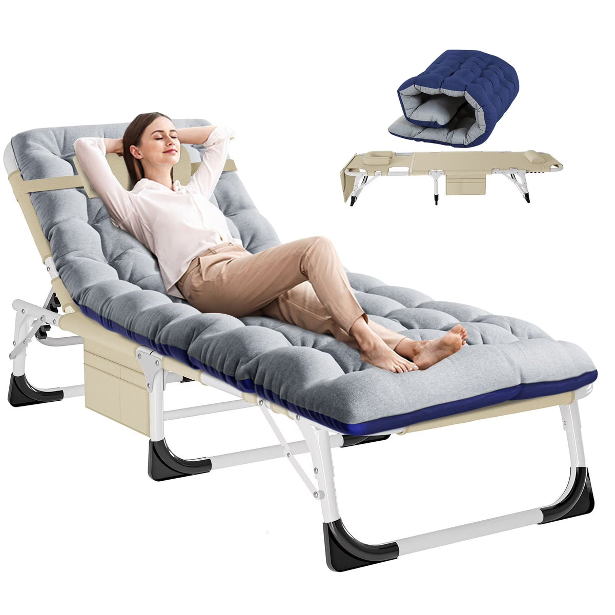 2026 NewMOPHOTO Lounge Chair with Mattress, Outdoor Chaise Lounge Support 440 Lbs, Adjustable Portable Heavy Duty Sleeping Cots Bed for Camping, Pool, Beach, Patio