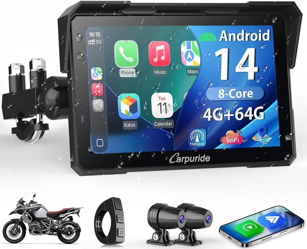 2026 Carpuride W702 Plus Android 14 Motocicleta Carplay Pantalla con Doble Cámara, CarPlay y Android Auto Inalámbricos,7" Pantalla Táctil Impermeable, Audio BT,Grabación Bucle, Navegación Online y Offline.