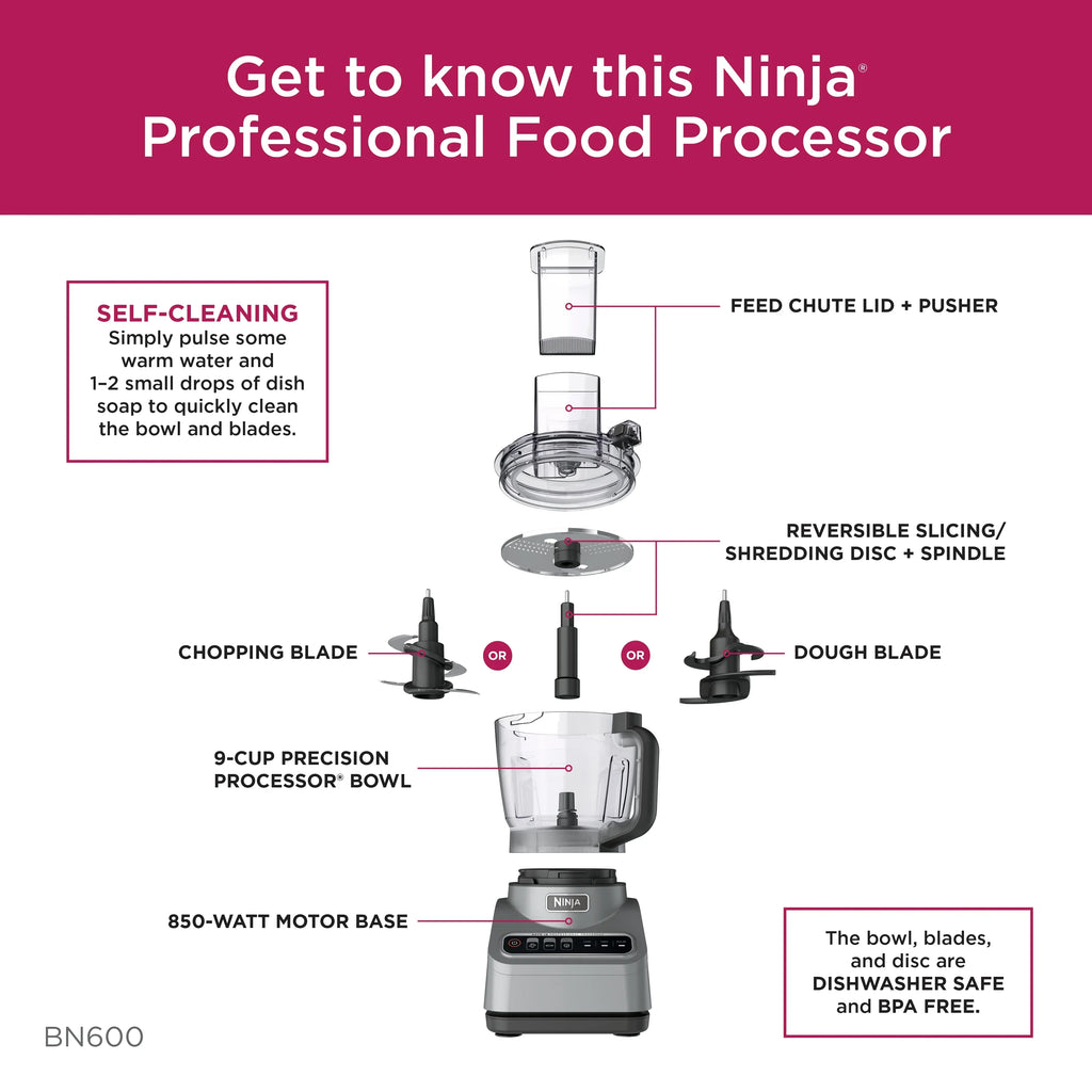 2026 NewNinja Professional 9 Cup Food Processor, 850 Watts, Auto-iQ 3 Presets, Chop, Dough, Slice, Shred, BN600 Silver