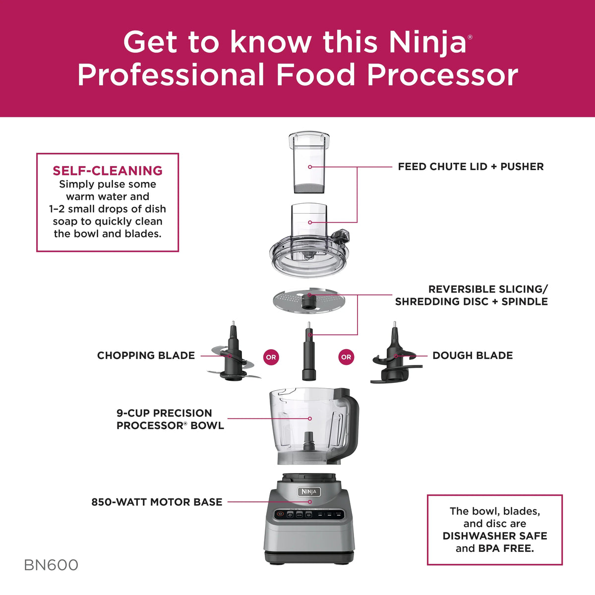 2026 NewNinja Professional 9 Cup Food Processor, 850 Watts, Auto-iQ 3 Presets, Chop, Dough, Slice, Shred, BN600 Silver
