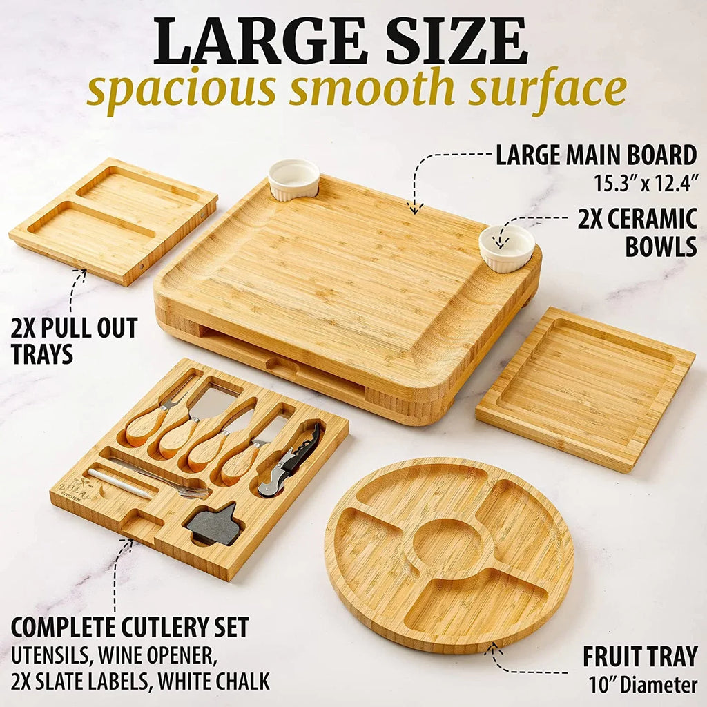 2026 NewZulay Kitchen Bamboo Cheese Board Set Extra Thick Charcuterie Board 15 Piece - Deluxe Set