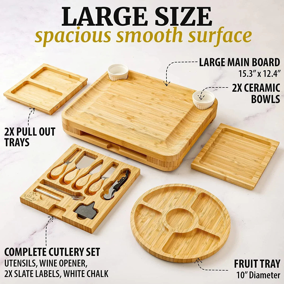 2026 NewZulay Kitchen Bamboo Cheese Board Set Extra Thick Charcuterie Board 15 Piece - Deluxe Set