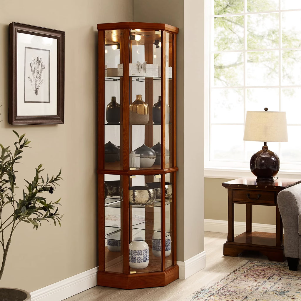 2026 NewWalnut Cabinet With 6 Shelves, Adjustable Glass & Mirrored Back Design Shelf Lighted Corner Curio Shelves In