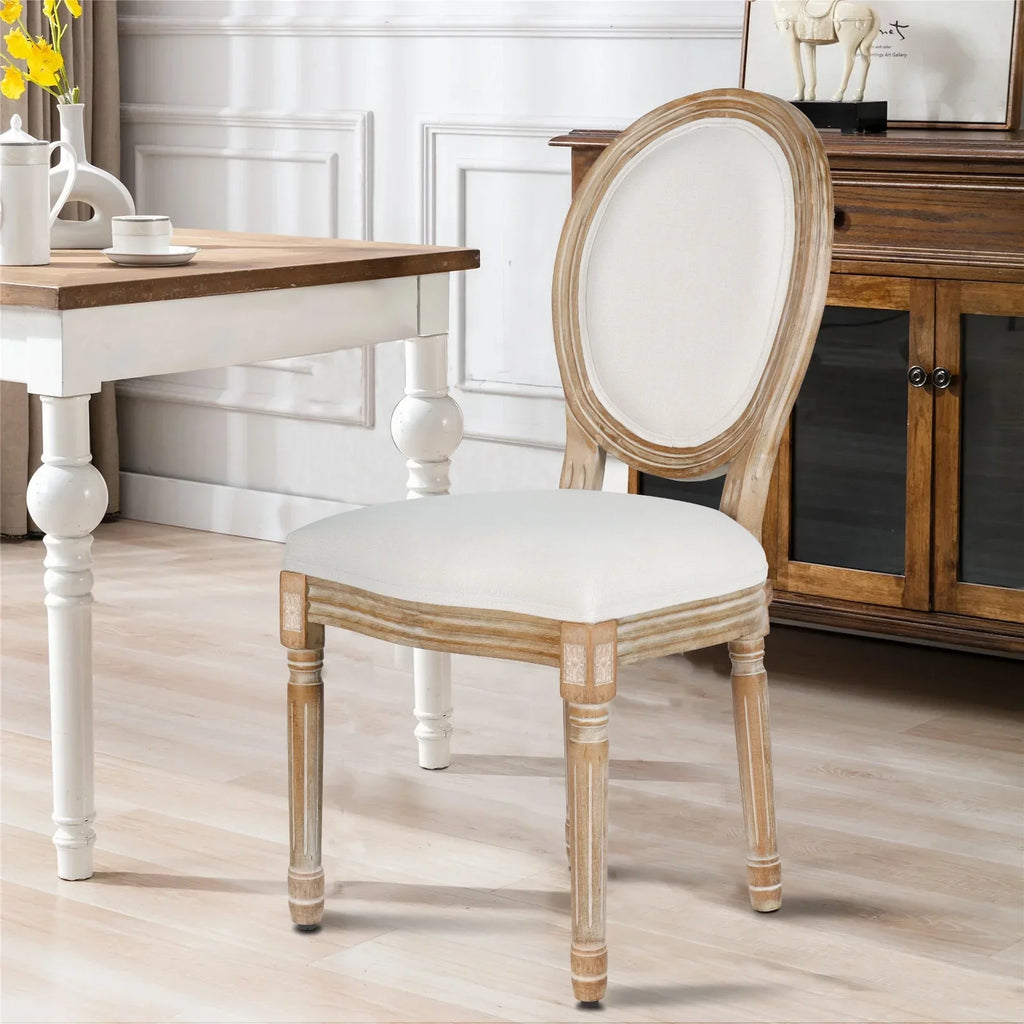 2026 NewFrench Dining Chairs Set of 2 Beige Natural Fabric Round Back with Solid Wood Legs and Frame for Bedroom Dining Room Kitchen