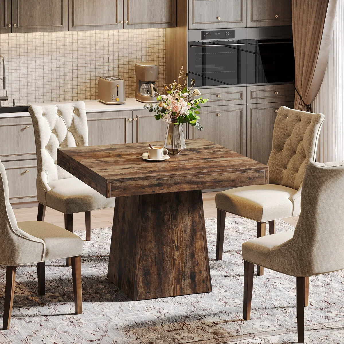 2026 NewTribesigns Square Dining Table for 4, 31.5-Inch Kitchen Table Small Dinner Table with Sturdy Pedestal Base, Farmhouse Dining Room Table for Home Dining Room, Living Room, Kitchen, Vintage Brown