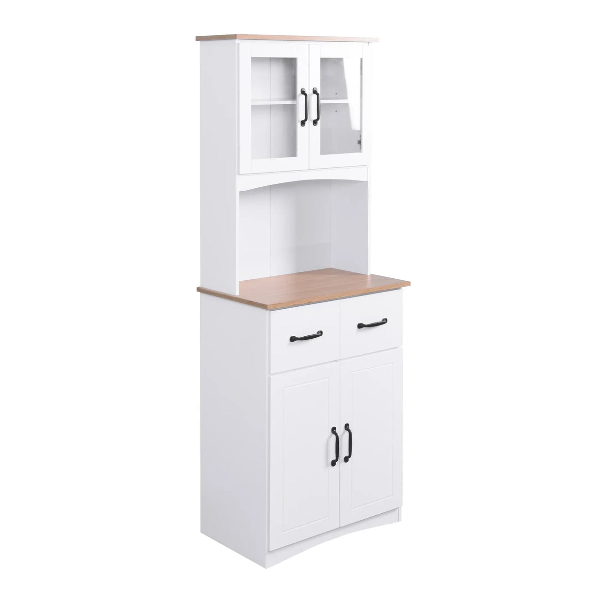 2026 NewClearance! Wooden Kitchen Cabinet White Pantry Room Storage Microwave Cabinet with Framed Glass Doors and Drawer