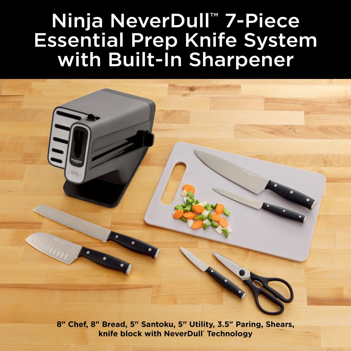 2026 NewNinja NeverDull 14-Piece Stainless Steel Essential Knife System with Built-in Sharpener, K12014 Black/Gray