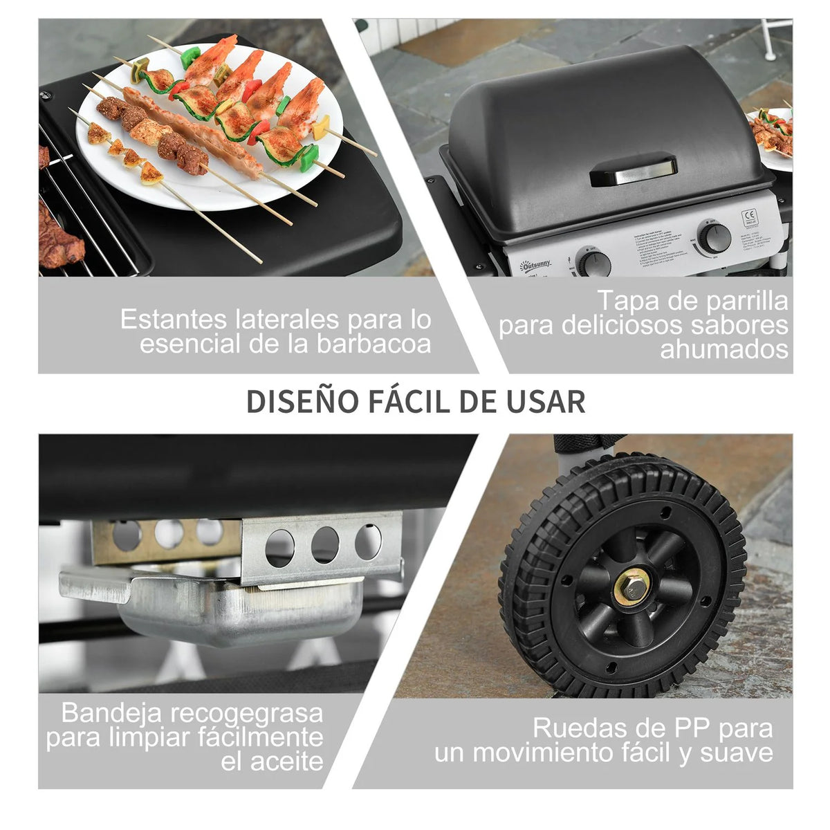 2026 Barbacoa De Gas Outsunny Acero Pp, 104x49x99 Cm, Negro