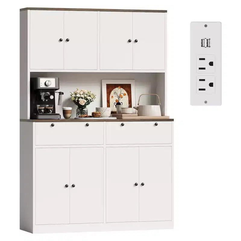 2026 Armario despensa de cocina de 71" blanco/madera, 8 puertas, 2 cajones y estación de carga