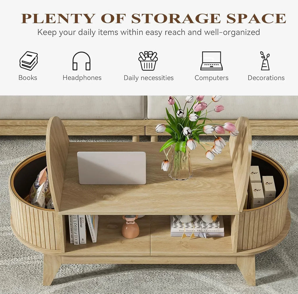 2026 NewFluted Coffee Table with Storage, Modern Coffee Tables, Wood Accent Center Table
