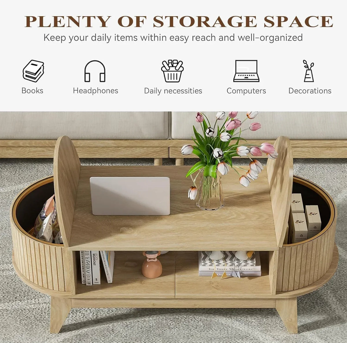 2026 NewFluted Coffee Table with Storage, Modern Coffee Tables, Wood Accent Center Table