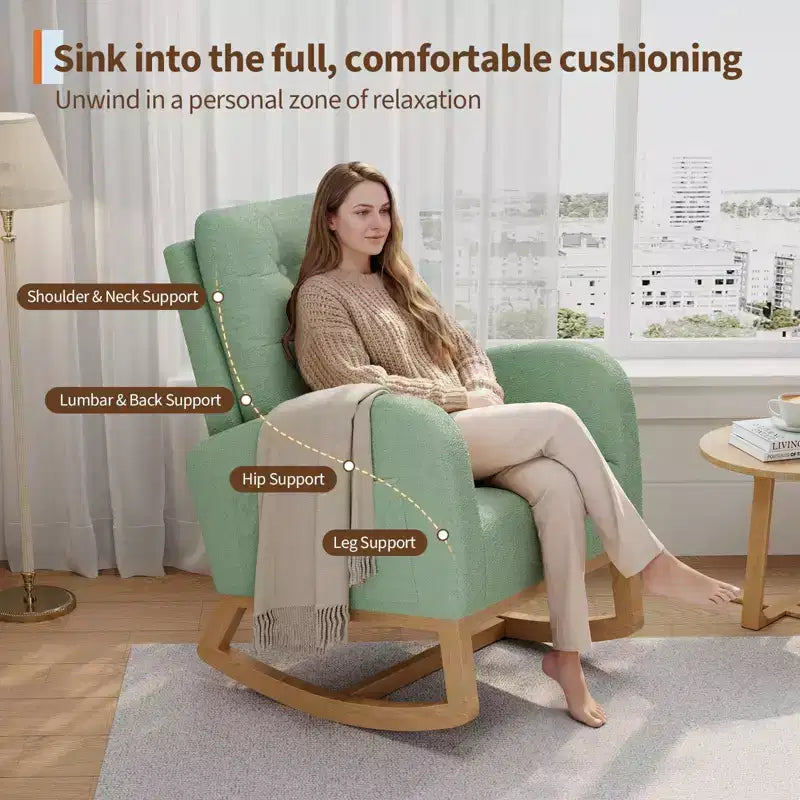 2026 Sillón mecedora deslizante tapizado con bolsillo lateral, estructura de madera, 1 plaza