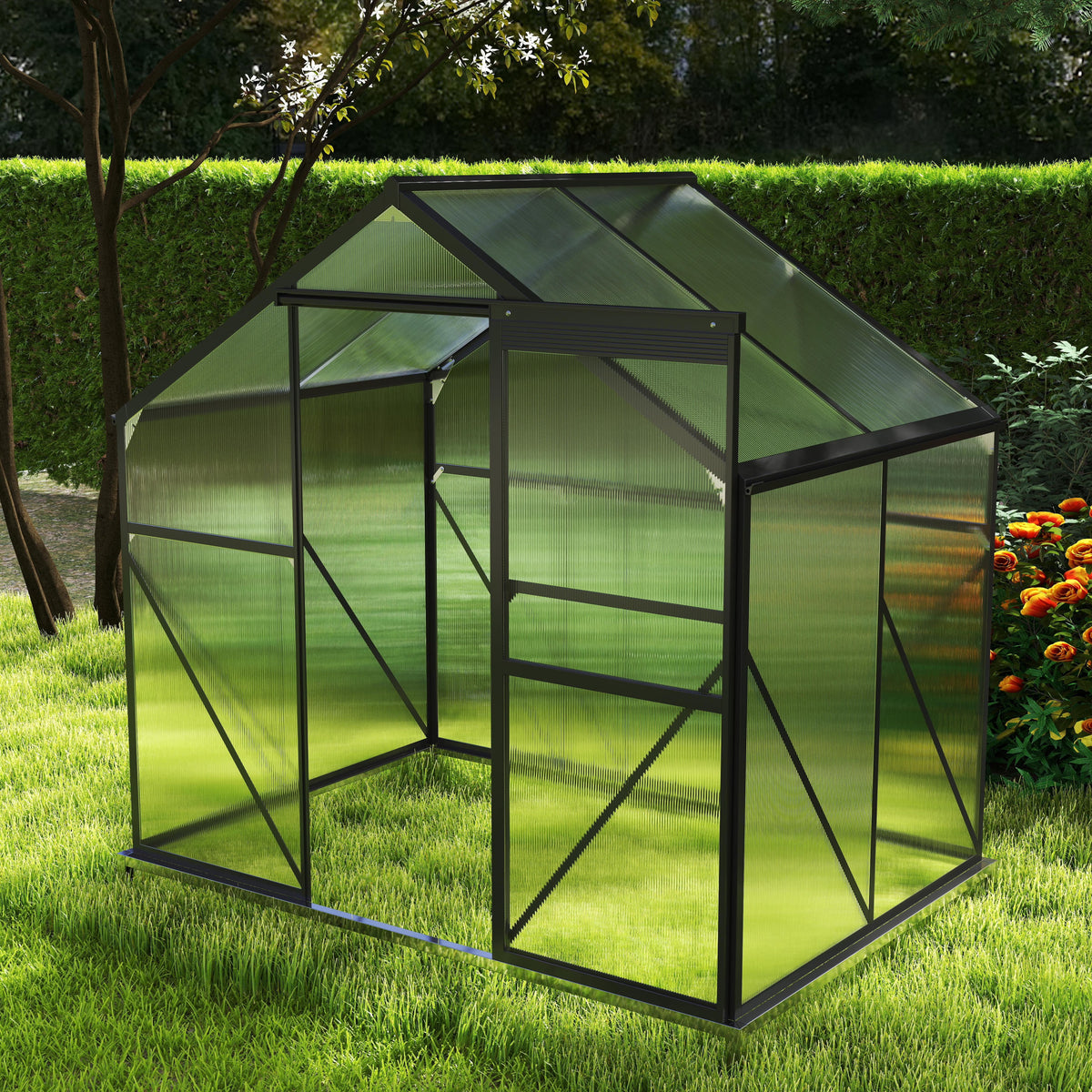 2026 NewAsofer 6' x 4' Greenhouse for Outdoors, Aluminum Walk-in Green Houses shed with Rain Gutter and Roof Vent for Backyard