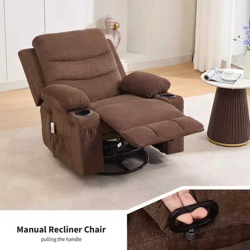2026 Sillón reclinable mecedora giratorio 360° extragrande con masaje y calor, portavasos y bolsillos